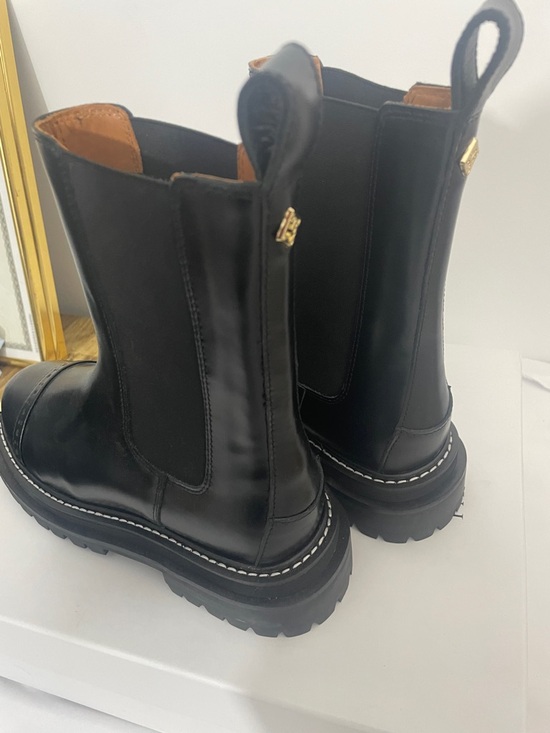 Sandro Black Leather Lace-Up Boots with Gold Toe Accents - Picture 2 of 4